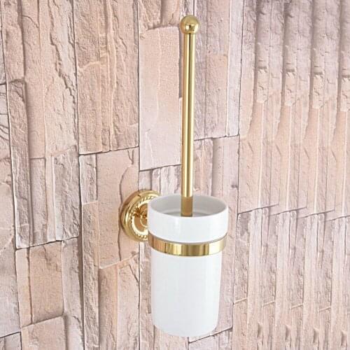 Wall Mounted Luxury Gold Color Brass Bathroom Toilet Brush Holder Set Bathroom Accessory Single Ceramic Cup mba595