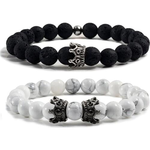 Charm Natural Stone Men Bracelet Crown Hematite Black Lava Beads Couple Distance Bracelet Women Yoga Jewelry Gifts