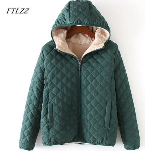 FTLZZ Winter Casual Short Cotton Coats Women Hooded Diamonds Partern Artificial Fleece Inside Outwear Femme Slim Overcoat