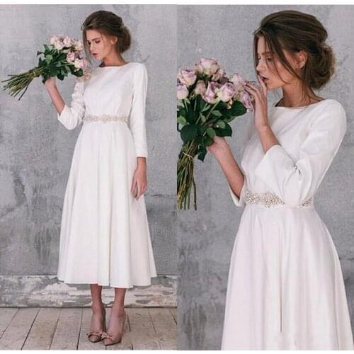 Long Sleeve Wedding Dresses Vintage A Line Tea Length Gorgeous Simple Bridal Gowns Robe De Mariage Свадебное Платье Vestidos