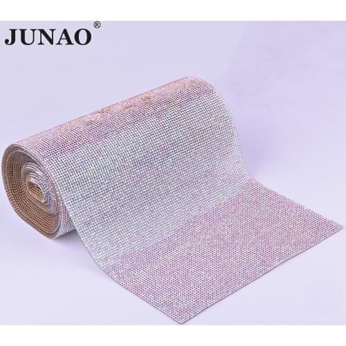 JUNAO 5 Yard Crystal AB Hotfix Rhinestones Mesh Trim Clear Glass Chain Crystal Fabric Appliques Strass Band For DIY Dress Crafts