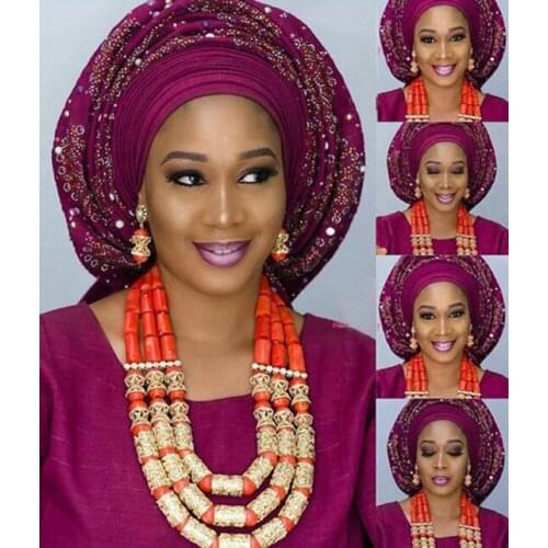 Luxury Wedding Real Coral Beads Nigerian Jewelry Set African Traditional Wedding Coral Statement Women Jewelry Set Gold CNR172