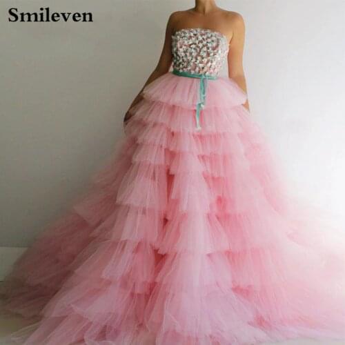 Smileven Pink Arab Prom Gowns Tiered Strapless Puff Tulle Long Evening Dress Prom Party Dresses Custom Made
