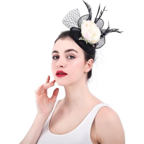 Europe America Handmade Flax Mesh Small Hat Black Feather White Big Flower Hair Accessories Elegent Fashion Small Headpiece