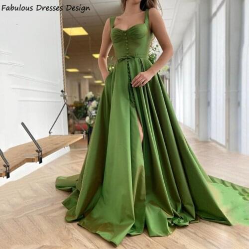 Exquisite A Line Long Prom Dress Green 2021 Sweep Train With Split Dresses Woman Party Night V-neck Evening Gowns Vestidos