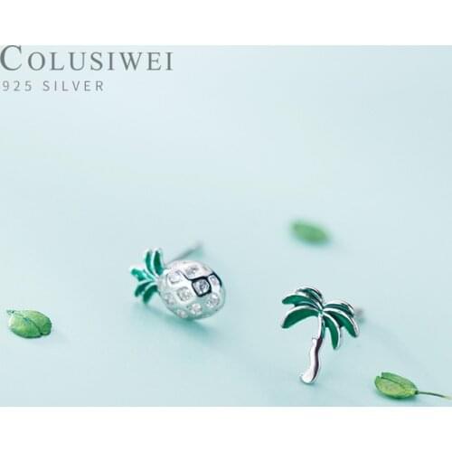 Colusiwei Genuine 925 Sterling Silver Asymmetrical Coconut Pineapple Stud Earrings for Women Green Plant Earings Jewelry