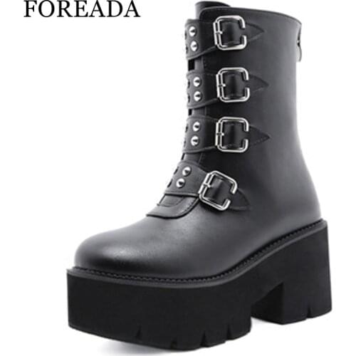 FOREADA Woman Shoes Autumn Goth Style Platform Thick Heel Med Calf Boots Super High Heel Round Toe Zipper Ladies Footwear 35-42