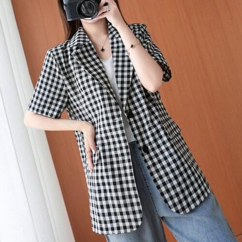 #5224 Summer Plaid Blazer Women Short Sleeved Loose Casual Blazer Women Thin Plus Size Single Breasted Womens Blazers Cotton