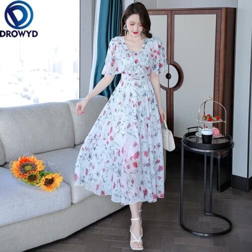 2021 Summer Sexy Beach Midi Dress Elegant Temperament Print V-neck Short Sleeve Chiffon Dress Woman Clothes Sexy Party Vestidos