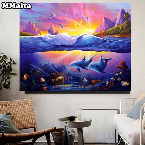 Full Square Drill 5D DIY Diamond Painting Dolphin Ocean waves, sunset landscape Embroidery Cross Stitch Animal Home Decor GG5720