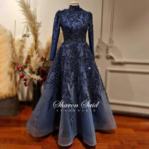 Arabic Navy Blue Long Sleeve Muslim Evening Dress 2021 Luxury Beaded Dubai Midi Formal Dresses for Women Wedding Party Prom Gown