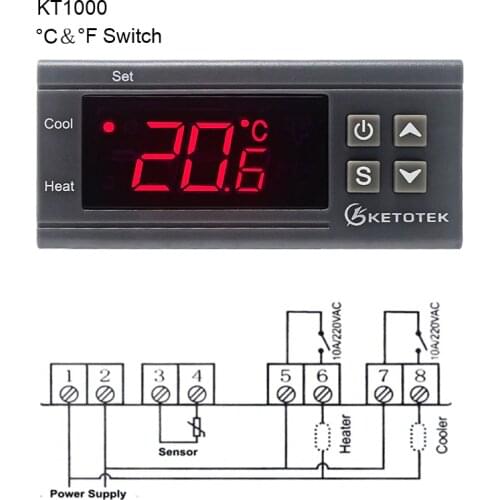 KT1000 Digital Temperature Controller 10A C/F 12V 24V 220V Two Relay Incubator Temperature Thermostat With Heater And Cooler