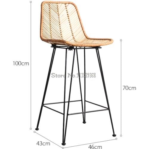Indonesia Imported Rattan Back Bar Chair Simple Iron Outdoor High Stool Rattan Handmade Bar Chair Retro Bar Stool