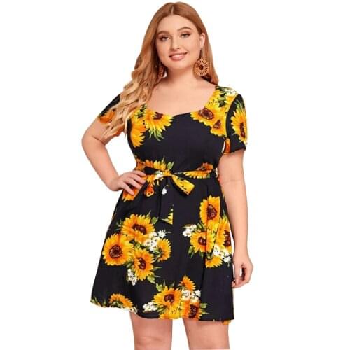 Summer Temperament Commuter Skirt Sunflower Print Belt Tie Fashion Casual Women Plus Size Short-sleeved Dress -40