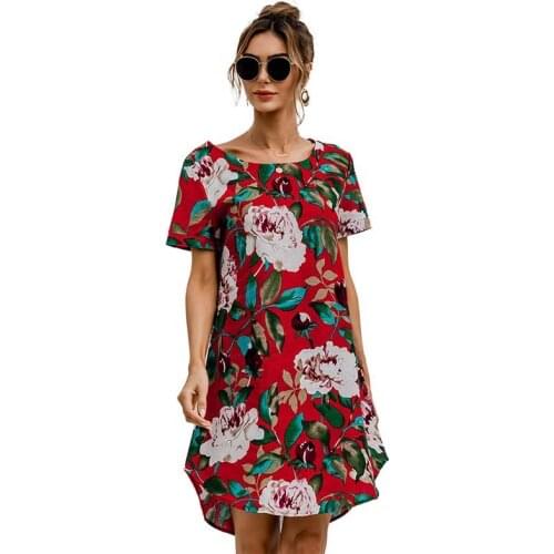 Summer Women Short Sleeve O Neck Flower Print Bohemian Dress Loose Waist Casual Knee-Length Plus Size Clothes For Lady Dress