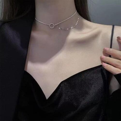 Kpop Trendy Necklace For Women Silver Color Double Layer Chain Round Bead Pendant Choker Girl Statement Collar de mujer Jewelry