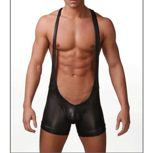 Mens Undershirts PU Leather One-piece Jumpsuits Underwear Bodysuit Vest Wrestling Singlet Leotard Dance Clubwear Sexy Gay Boxer