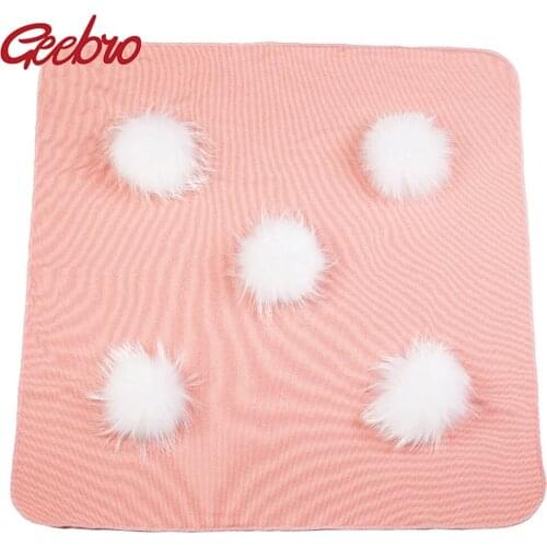 Geebro Newborn Autumn Winter Baby Blanket with 13 cm Real Fur Pompom Cotton Soft Warm Infant Swaddle Fashion Bedding Wrap