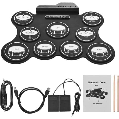Portable USB Foldable Drum Kit Digital Electronic Drum Set 9 Silicon Drum Pad with Drumsticks Foot Pedals for Beginners Children
