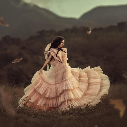 Garden Champagne Ruffles Tulle A-line Maternity Dresses To Photoshoot Draped Mesh Long Women Formal Party Dress Vestidos