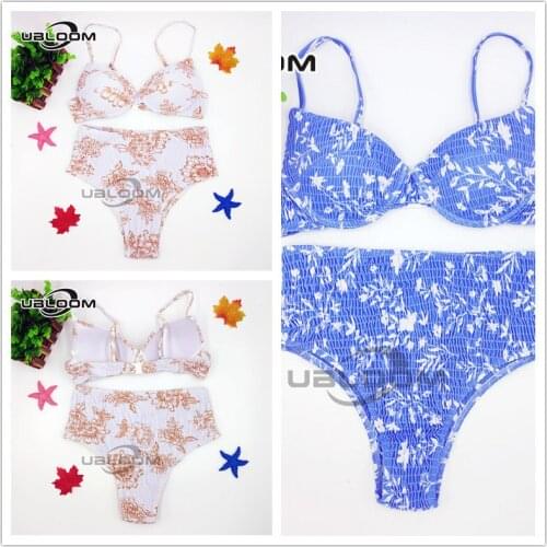 Sexy Underwired Push Up Bikini Set Women Printed Triangle Brazilian Bikinis Swimwear Ruched High Waist Bathing Suits Beach Wear