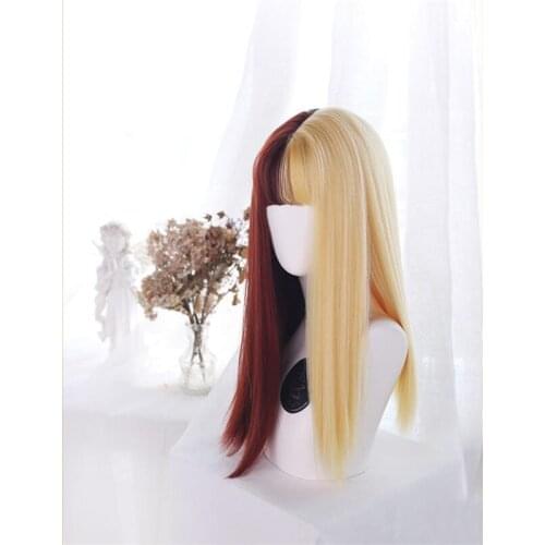 Mixed Gold Red Lolita Wig Harajuku Fairy Cosplay Wine Brown Bangs Straight Long Sweet Fringe Adult Girls Hair