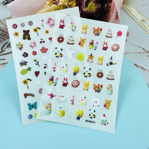 Japanese Style Fashion Hot Selling Back Glue Adhesive Nail Stickers Carton Cakes Baby Bears Dry Nail Decals Nail Art Manicure