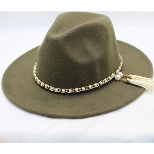 SUOGRY Fashion Men Women Vintage Wool Felt Fedora Panama Jazz hat Trilby Pearl Band Wide Elegant Black CAPS