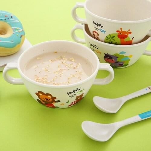 Health Kids Natural Bamboo Fiber Handle Bowls Spoon Cartoon Animal Dishes Baby Feeding Tableware Children Infant Toddler Plates