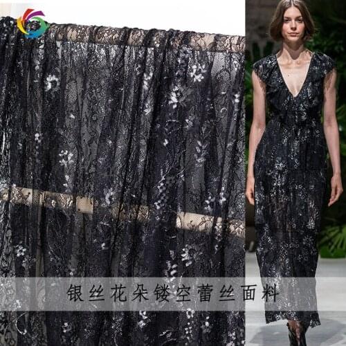 The Cloth 145CM Width Black Silver Flowers Lace 100%Polyester Garment Materials Summer Fashionable Dress DIY clothes fabrics