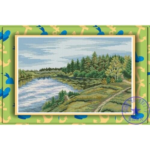 Top Quality lovely beautiful counted cross stitch set forest lake river trees tree mountain trail