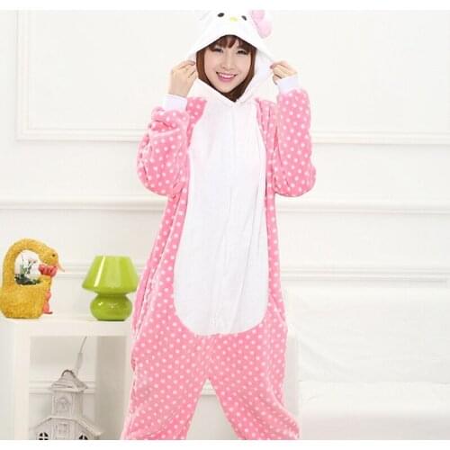 Adult Bow Cat Kigurumi Women Men Cartoon Animal Cosplay Costume Winter Onesie Pajama Hooded Couple Funny Party Suit
