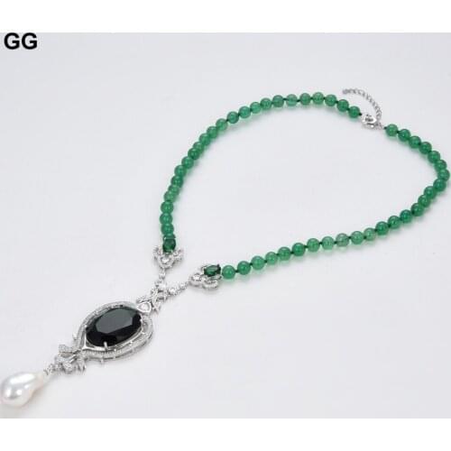 GuaiGuai Jewelry 20" 8mm Round Green Jade Necklace White Keshi Baroque Pearl CZ Pave Heart Crystal Pendant