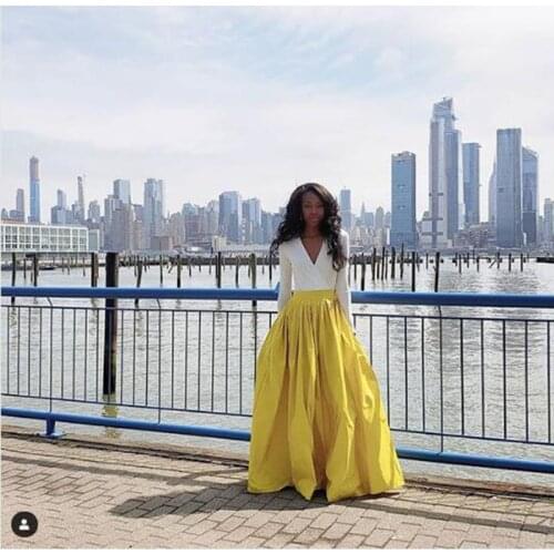 New Arrival Yellow Skirt A Line Floor Length Skirt With Pocket Elegant Satin Long Skirts Women Saia Longa Custom Made Maxi Skirt