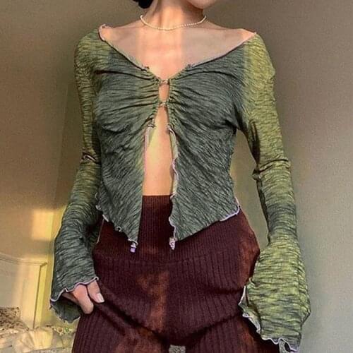 2021 Fashion Vintage Print Crop Top Women Long Sleeve V Neck Slim Fit T-Shirt Sexy Hollow Out Open Front Tee Streetwear