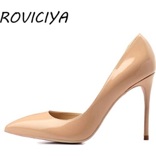 10 cm stiletto pumps women shoes sexy high heels pointed toe ladies shoes pink apricot silver champagne gold QP036 ROVICIYA