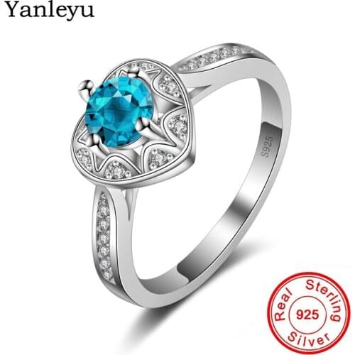 Yanleyu Romantic Love Heart Promise Engagement Ring Genuine 925 Sterling Silver Blue Crystal CZ Wedding Rings for Women PR158