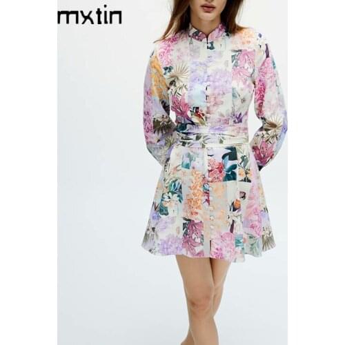 2021 Women Summer Fashion Floral Print Midi Dress Vintage Long Sleeve Bow Tie Sashes Female Party Dresses Vestidos Mujer