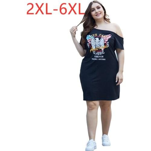 New 2021 Ladies Summer Plus Size Dress For Women Large Short Sleeve Loose Off Shoulder Black Print Midi Dress 3XL 4XL 5XL 6XL