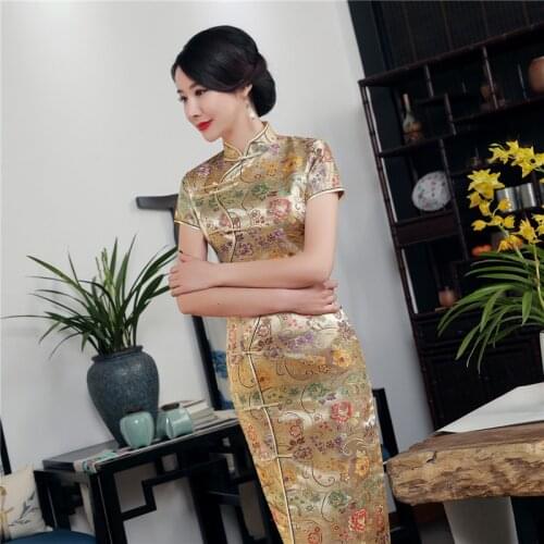 7colors Traditional Chinese Dress for Women Retro Mandarin Collar Vintage Flower Elegant Sexy Slim Cheongsam Silk Satin Qipao