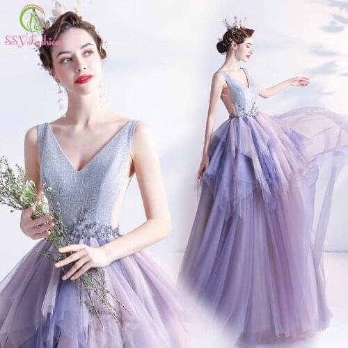 SSYFashion New Purple Evening Dress Banquet Elegant V-neck A-line Glittering Long Prom Formal Gowns for Women Vestidos De Noche