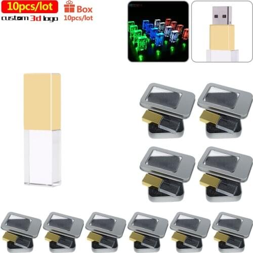 10pcs/lot Crystal USB Flash Drive Pen Drive 4GB 8GB 16GB 32GB 64GB USB Stick 2.0 128gb Pen drive for gifts Free Custom 3d logo