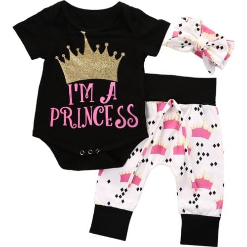 New Infant Baby Girls Crown Tops Bodysuits Pants Leggings Headband 3pcs Cute Clothing Baby Girl Outfits Set