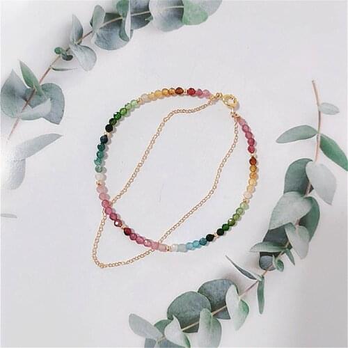 Natural Colorful Mix Tourmaline Bead Bracelet Handmade Women 14K Gold Filled Chain Double Layer Bracelet Semi Precious Jewelry