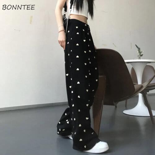 Casual Pants Women Loose Wide Leg Trousers Summer Sweet Heart Print All-match Elastic High Waist Streetwear Preppy Style Simple