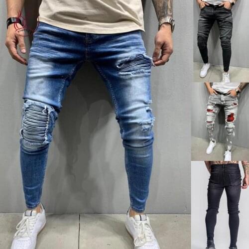 4 colors pair of jeans mens ripped laminated mens skinny ripped mens punk hip-hop pants straight leg jeans American clothing