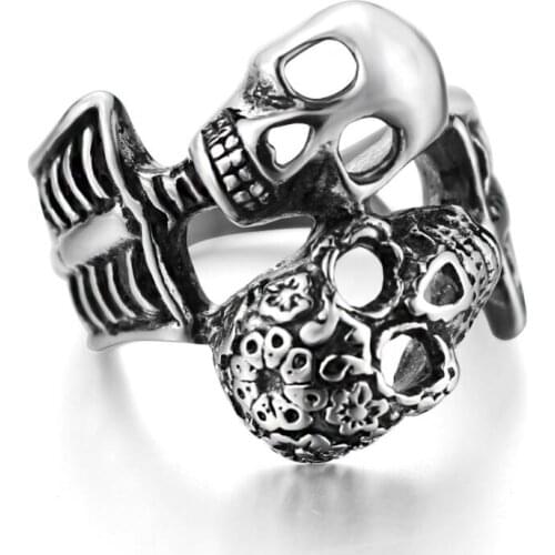Hot Selling Fashion Creative Double Skull Ring Hipster Accessories Skull Punk Ring