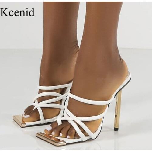 Kcenid White Sandals Women Mules Sexy High Heels Slippers Women Fashion Narrow Band Square Toe Slides Party Shoes Big Size 35-42