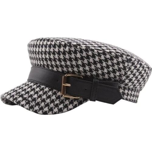 HUISHEN004 Witer Women Thick Warm Wool Beret Caps Girl Artist Octagonal Hat New Plaid Belt Strap Cap