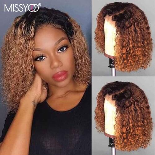 MISSYOO 1b/30 Short Curly Human Hair 4x4 Lace Closure Wig Brazilian Hair Wigs Bob Wigs 13x1 T Part Lace Wig For Black Women 18In